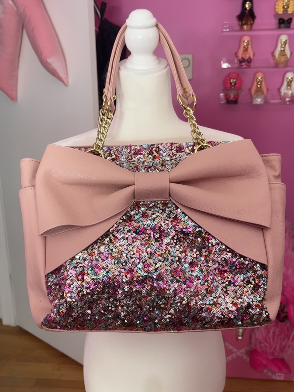Betsy Johnson vintage Pink Bow Sequin Tote Bag